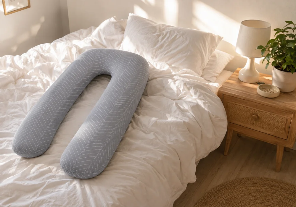 Coussin de grossesse en U gris à chevrons posé sur un lit défait, dans une chambre lumineuse avec plante verte et lampe de chevet