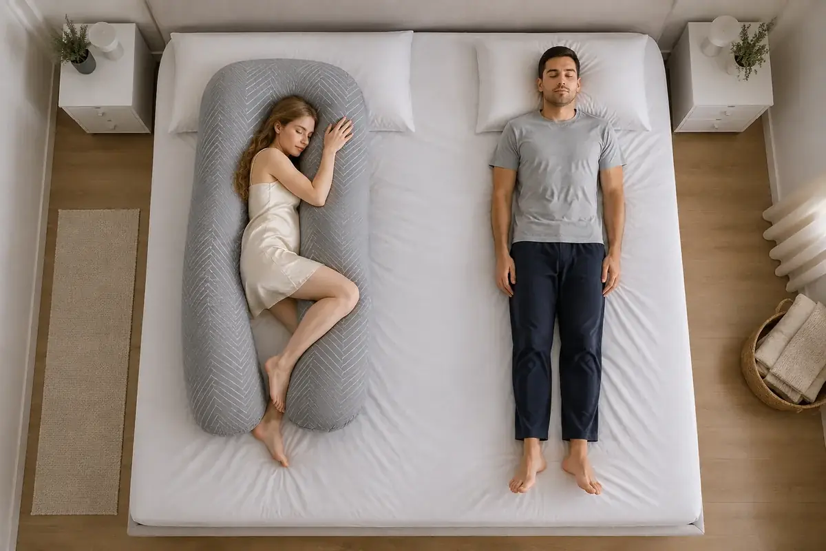 Meme cadrage sur un lit de 160 cm : l'espace restant entre le coussin et le dormeur est visiblement plus confortable