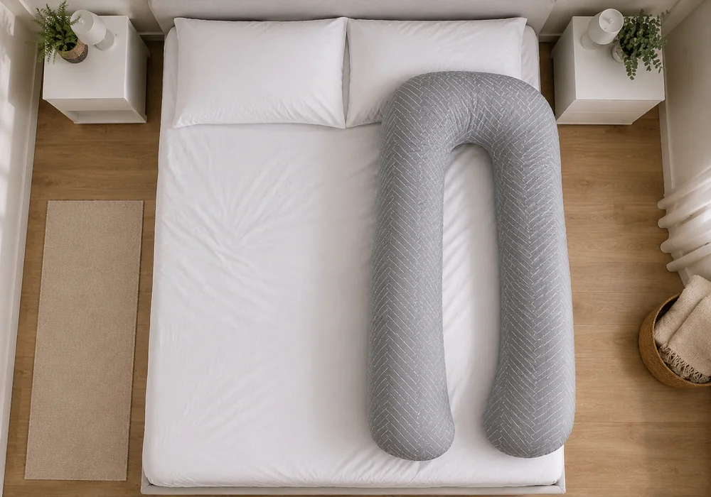 Lit double vu du dessus, l'ouverture du coussin en U tournee vers le bord exterieur du matelas