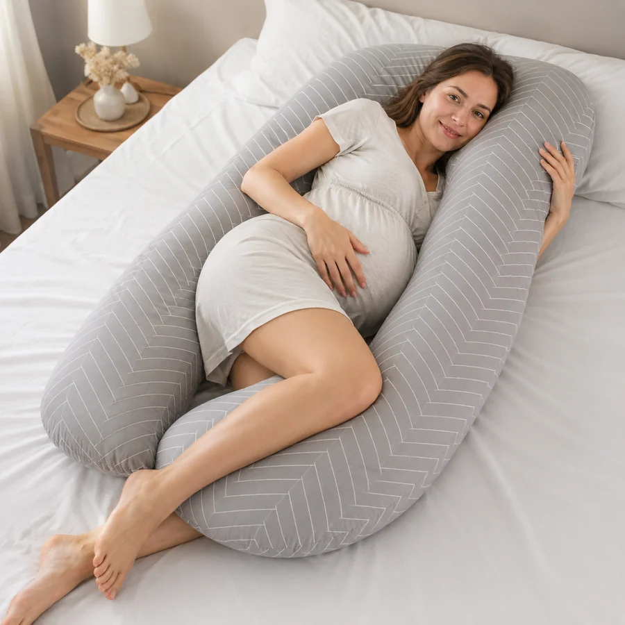 Femme enceinte allongée sur le côté dans le coussin de grossesse en U gris à chevrons, tête reposant sur la courbe